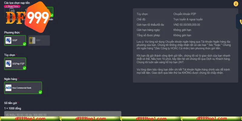 Giao dịch nạp tiền vào DF999 qua chuyển khoản P2P